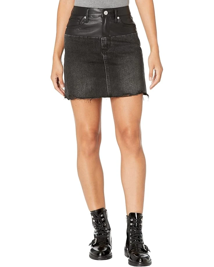 Blank NYC Leather and Denim Patchwork High-Rise Miniskirt with Raw Hem in Twist Of Fate | Skirts