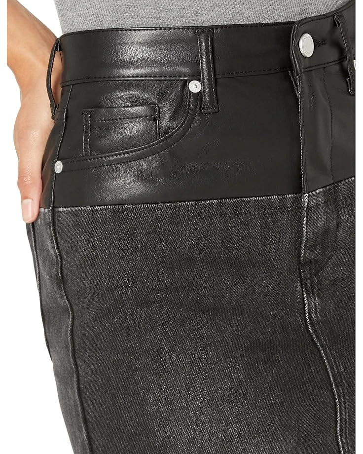 Blank NYC Leather and Denim Patchwork High-Rise Miniskirt with Raw Hem in Twist Of Fate | Skirts - Image 3